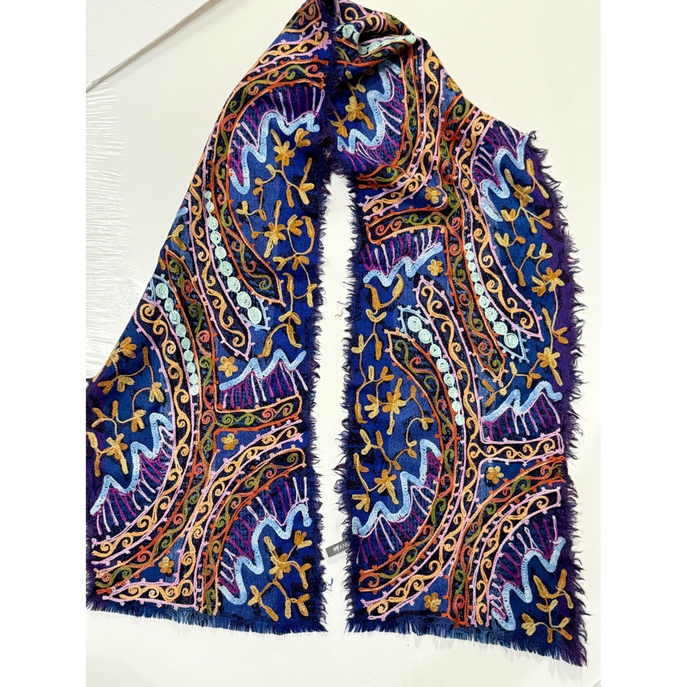 Anu 100% Wool Embroidered Scarf Blue Multi Paisley Floral Fringe Wrap India